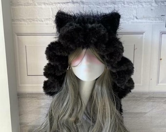 Handmade Black Cat Ear Hood - Plush, Warm & Playful Design