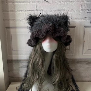 Handmade Gray Blue Cat Ear Beanie: Faux Fur Plush Cosplay Hood