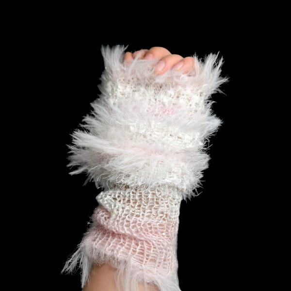 Patchwork Fluffy Arm Warmers – Soft Pink Pastel Knit cuffs 45cm