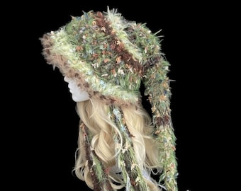 Woodland Crochet Witch Hat with Mossy Texture and Acorn Pom Tail