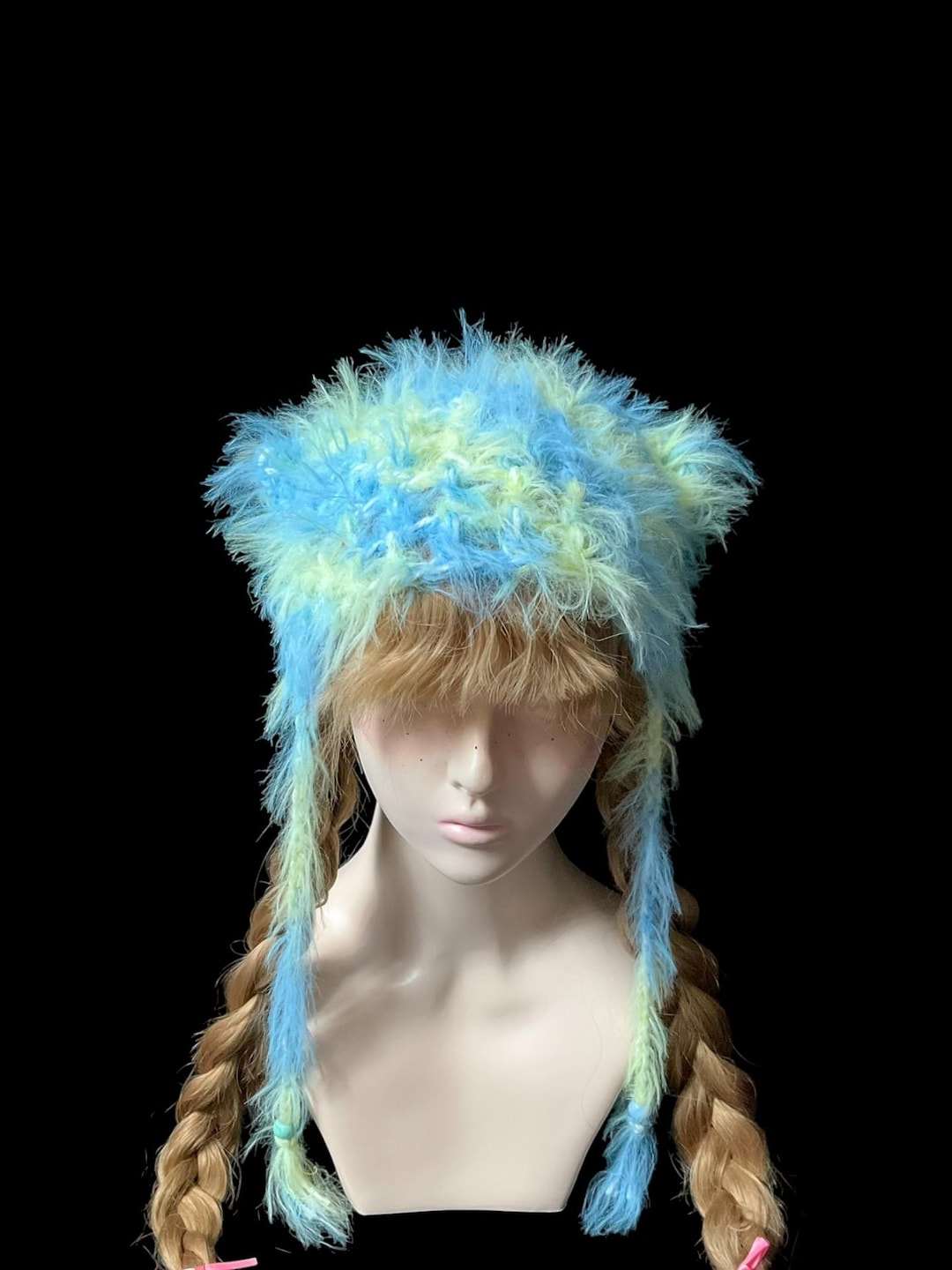 Handmade Y2K Blue Yellow Fluffy Cat Ear Hat - Playful & Vibrant - Etsy