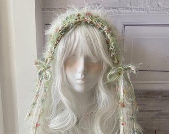 Handmade Fluffy Headband: Spring Green Floral Hairband, Cottagecore Accessory