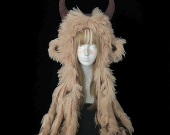 Light Khaki Mountain Goat Horn Hat with Long Shaggy Fur