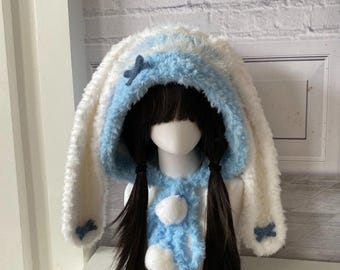 Adorable Blue Rabbit Hood - Handmade Plush Long Ears for Costume & Daily Wear