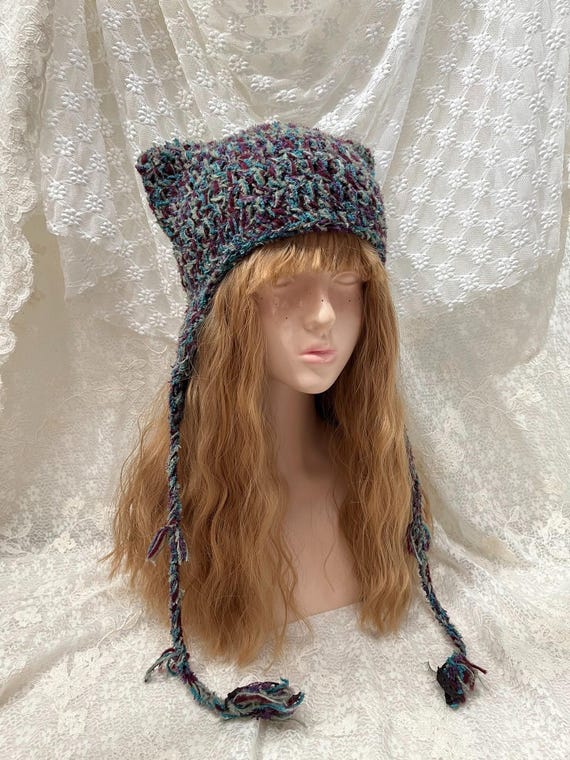 Vintage Teal Purple Gray Crochet Cat Ear Hat - Post  display picture 1