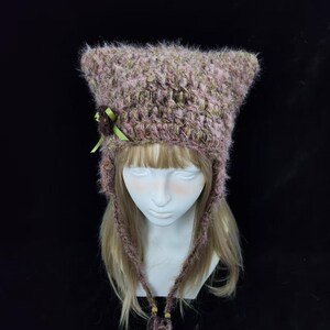Vintage Floral Crochet Cat Ear Hat - Warm Plush Adjustable image 4