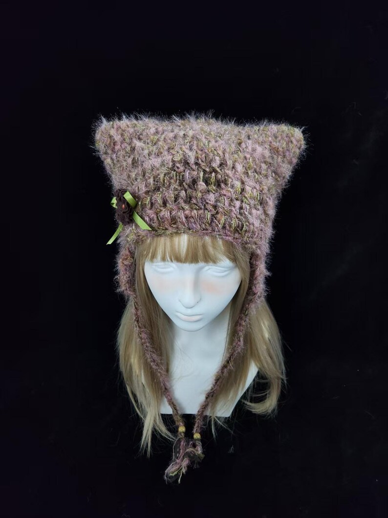 Vintage Floral Crochet Cat Ear Hat - Warm Plush Adjustable image 4