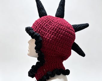 Handmade Crochet Spike Hood Burgundy Ruffle Fantasy Statement Hat