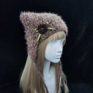 Vintage Floral Crochet Cat Ear Hat - Warm Plush Adjustable image 1