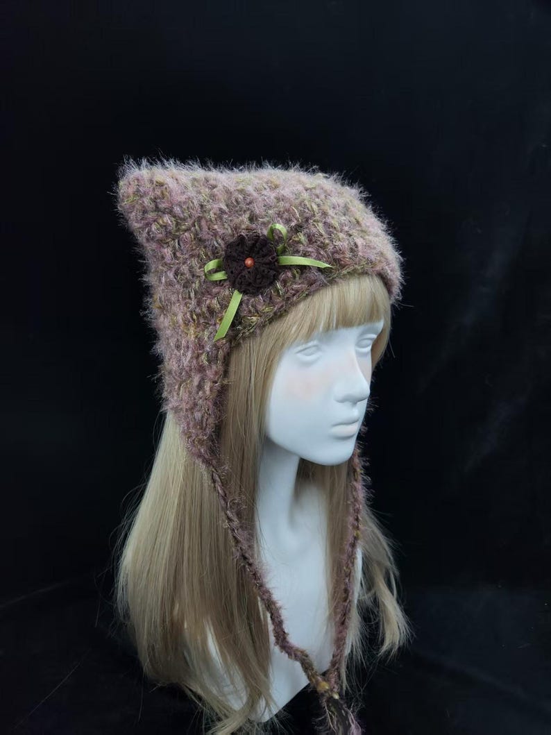 Vintage Floral Crochet Cat Ear Hat - Warm Plush Adjustable image 1