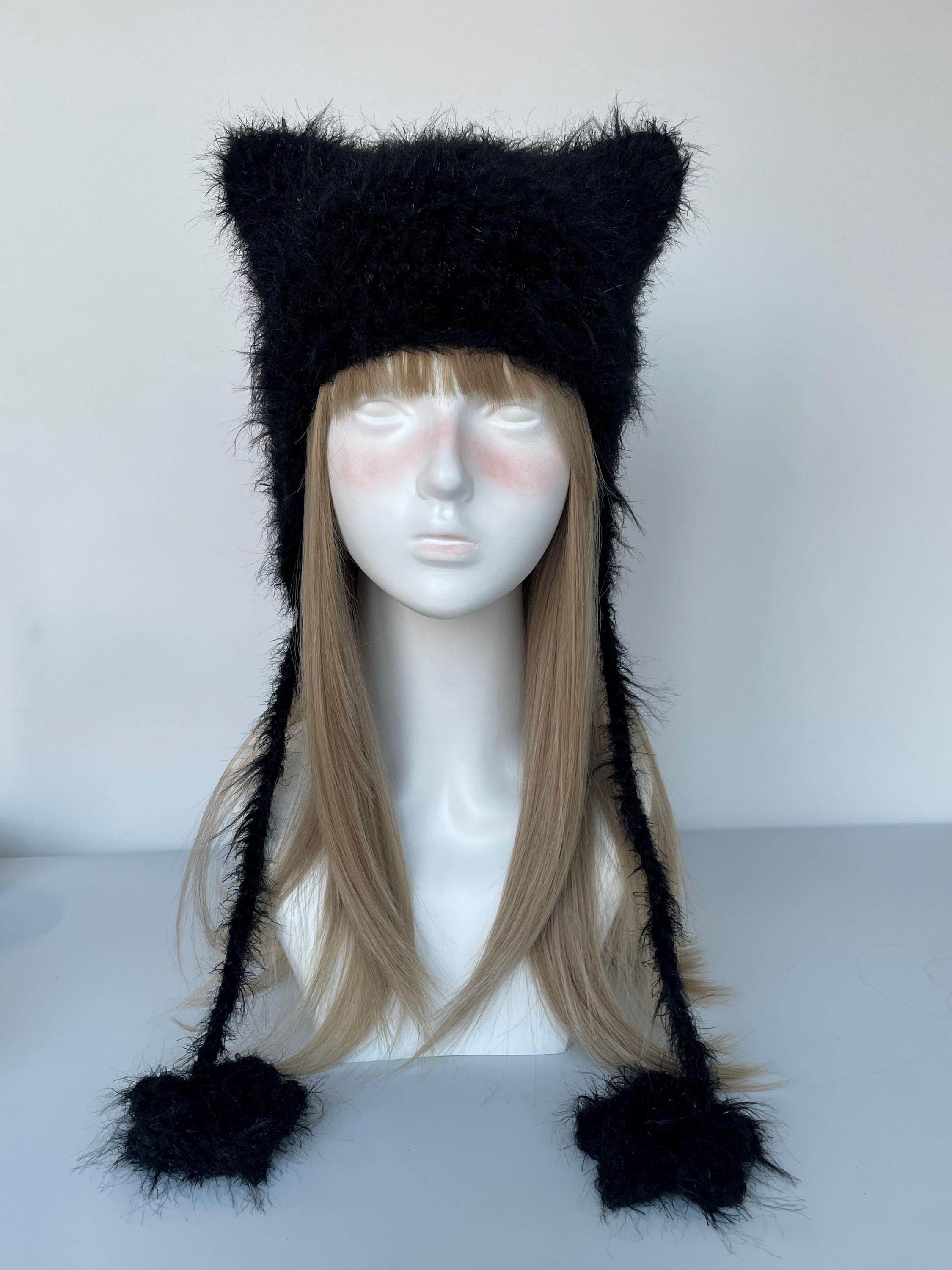 ウサ耳ニット帽　usa-mimi fluffy beanie black Handmade Fluffy Black Cat Ear Beanie: Soft Knit Winter Hat - Etsy