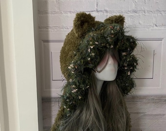 ヘアアクセサリー CAT EAR MINI BONNET / MAJOH Handmade Moss Green Cat Ear Hood: Fuzzy Knit Fairycore Beanie - Etsy