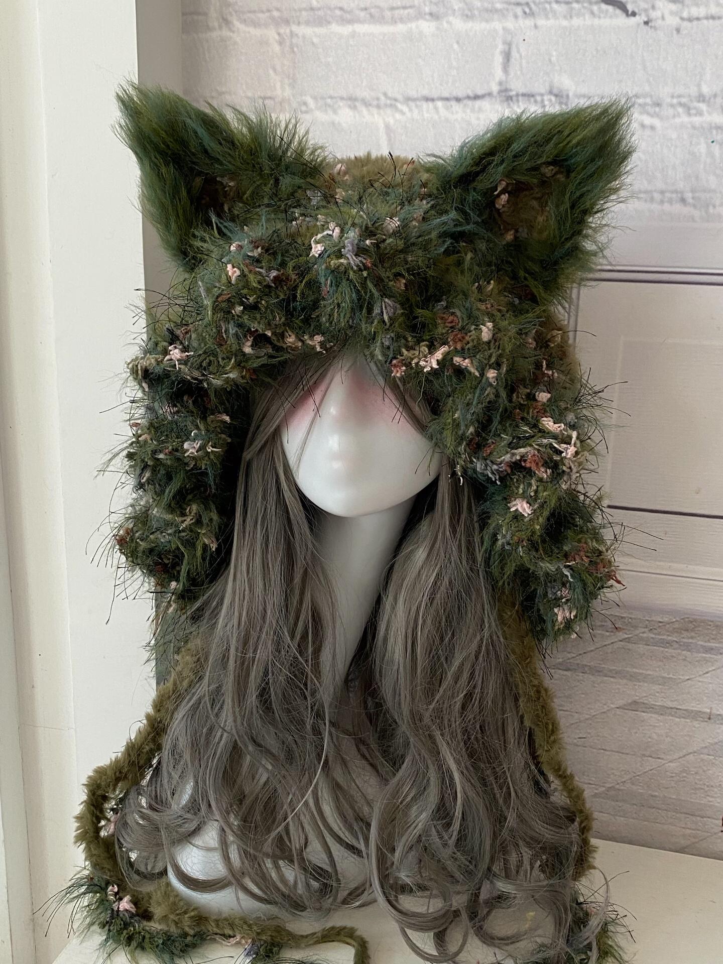Handmade Moss Green Cat Ear Hood: Fuzzy Knit Fairycore Beanie - Etsy