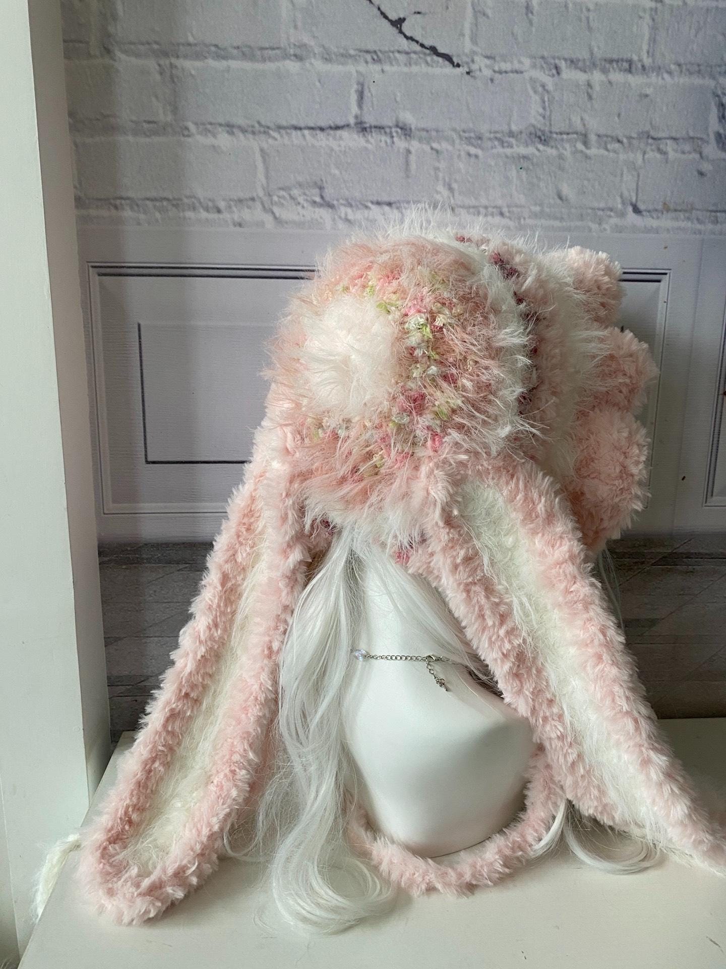 Women\'s Pink Bunny Hat Knit Plush Long Ears Fluffy Cosplay Party Hat Handmade Pink Rabbit Hat - Plush Long Ears - Etsy main image 4