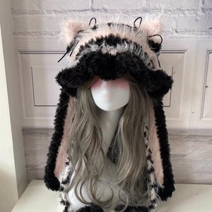 ウサギ耳フード帽子耳取り外し可能ハンドメイド フェイクファーのうさぎ耳付きビーニーフード：取り外し可能なうさぎ耳