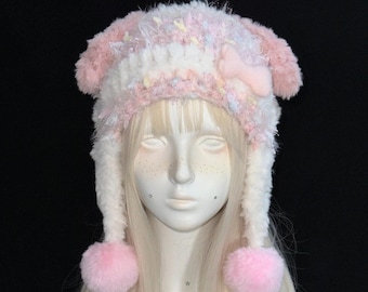 Fluffy Pastel Pink Dog Ear Hat - Handmade Beanie w/ Detachable Bone
