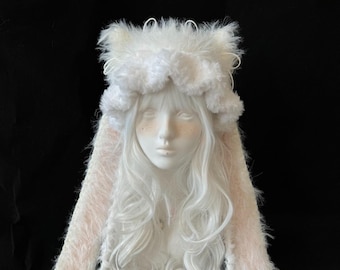 Gorro de conejito blanco crema - Suave, ajustable y cálido