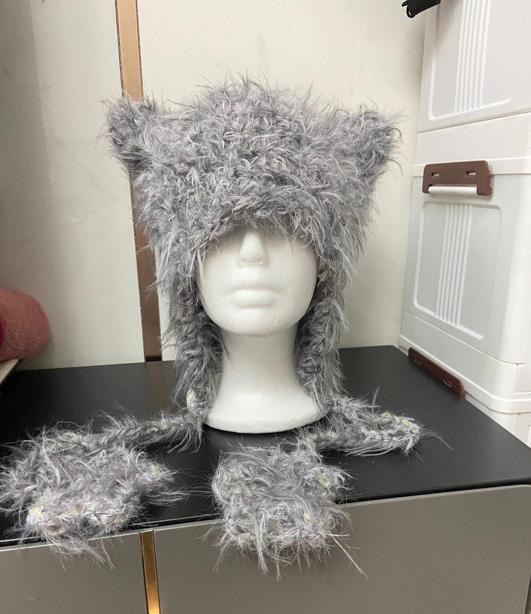 Handmade Fuzzy Cat Ear Beanie: Gray Plush Animal Hat With Paws - Etsy