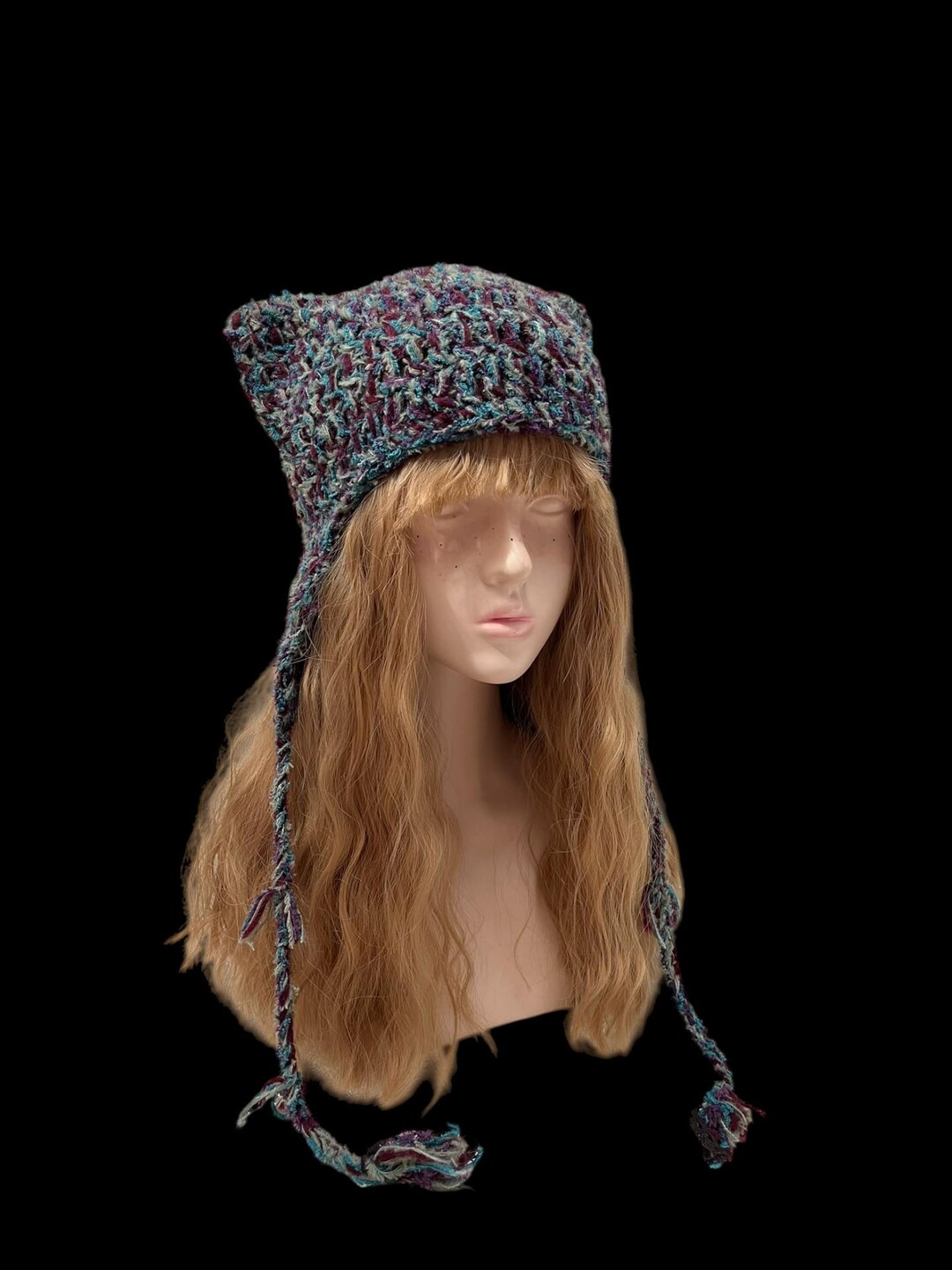 Vintage Teal Purple Gray Crochet Cat Ear Hat - Post  display picture 2