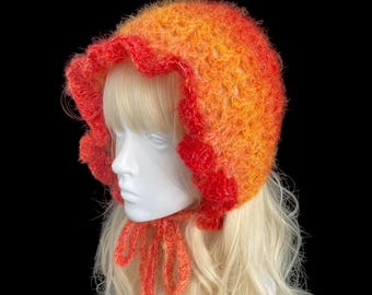 Handmade Sunset Orange Crochet Hood with Scalloped Face Frame