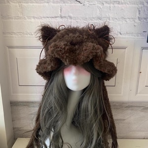 Brown Cat Ear Beanie, Fluffy Faux Fur Animal Ears Hat, Cozy Plush Meilade Style Cosplay Hood, Handmade Winter Cap, Gift for Girls and Women