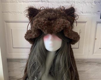 Brown Faux Fur Cat Ear Beanie: Handmade Plush Cosplay Hood