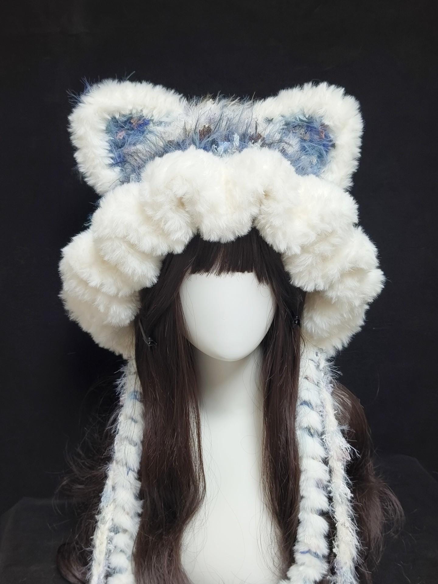 Cat Ear Hand-knit Hat - White & Blue Fluffy Hood for Women - Etsy