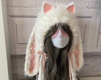 Cat & Rabbit Ear Plush Hood: Pink White Cosplay - Etsy