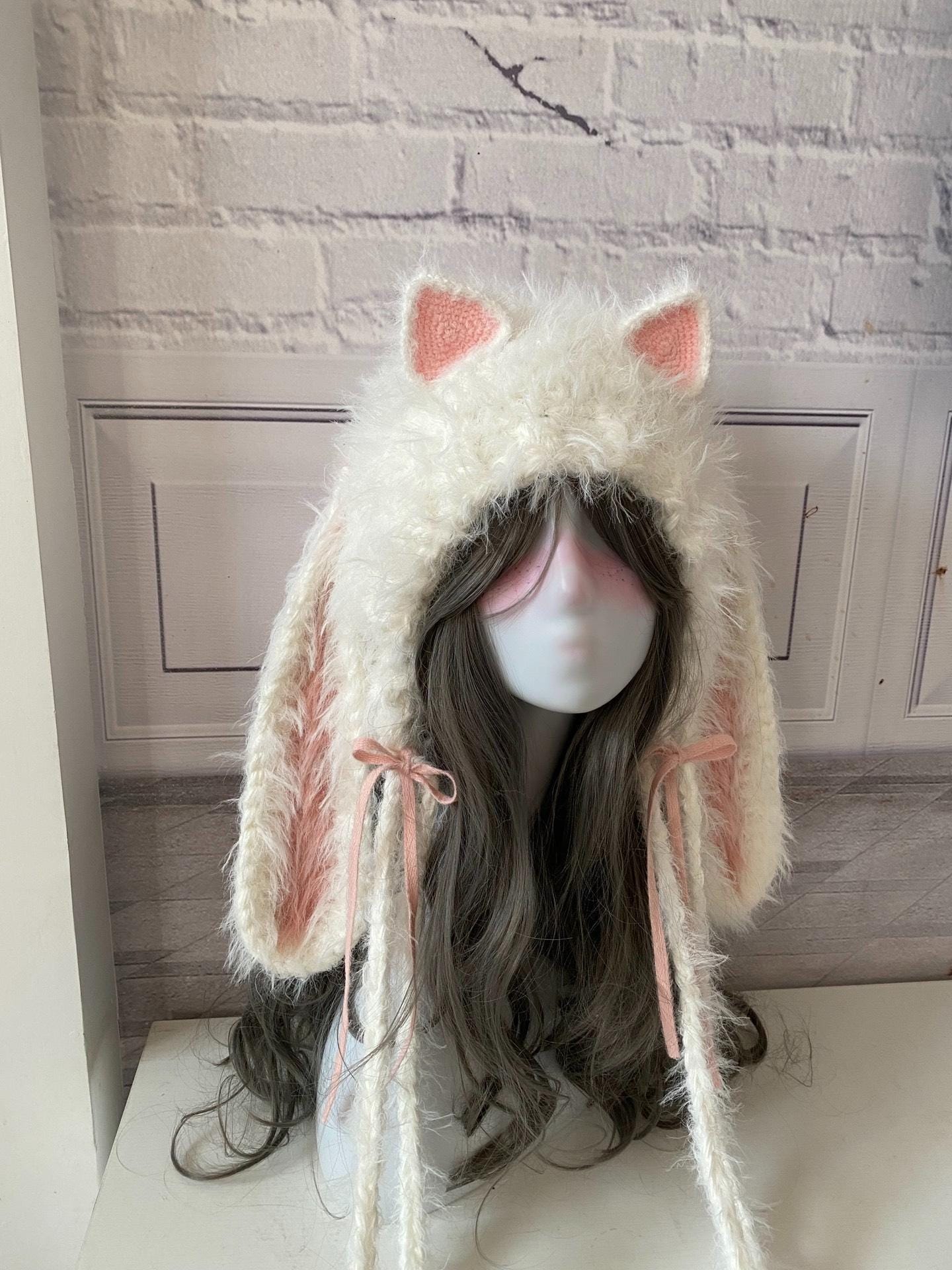 Cat & Rabbit Ear Plush Hood: Pink White Cosplay - Etsy