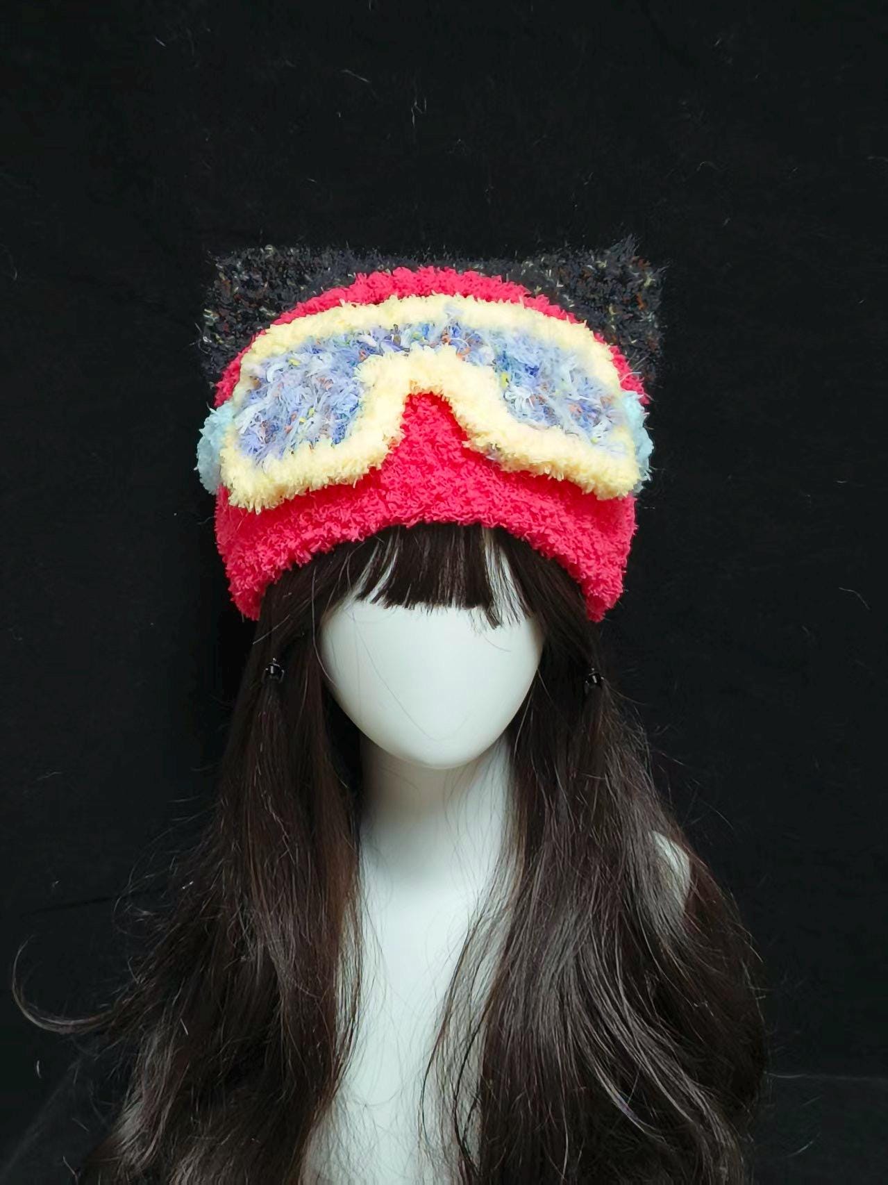 Bold Y2K Cat-ear Beanie With Color-pop Goggles Detail - Etsy