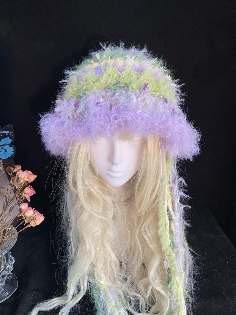 Mint Green Purple Handmade Crochet Fisherman Hat - Vibrant & Unique image 5
