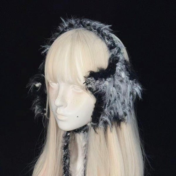 ハンドメイドのスターイヤーウォーマー - プラッシュブラック＆グレーの心地よく調節可能なイヤーウォーマー