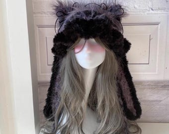 Gothic Faux Fur Bunny Beanie: Midnight Purple Cat Ear Warmer