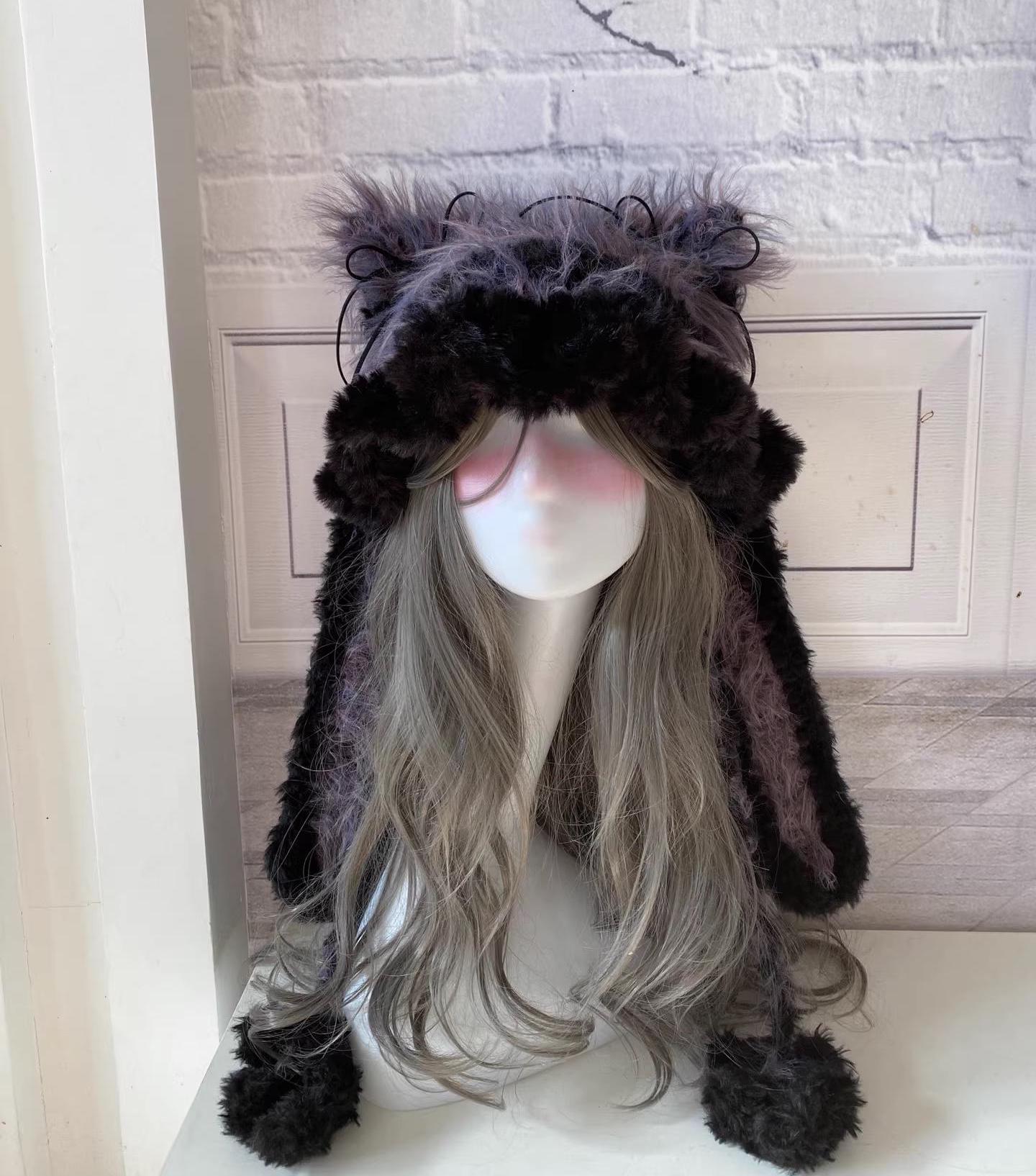 Women\'s Black Purple Bunny Hat Knit Plush Long Ears Fluffy Cosplay Party Hat Handmade Plush Bunny Hat: Black & Pink Cosplay Style - Etsy main image 4