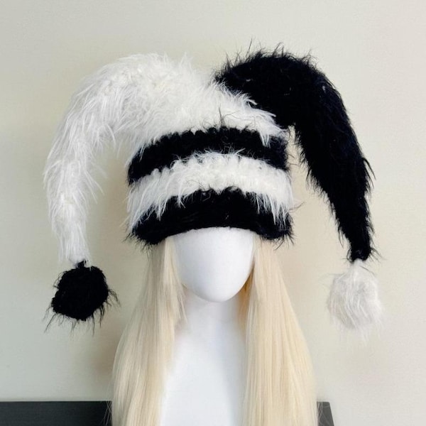 Black And White Clown Braid Hat With Fuzzy Contrast