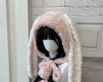 Handmade Pink Bunny Hood Hat - Soft Plush Long Ears - Etsy display picture 2