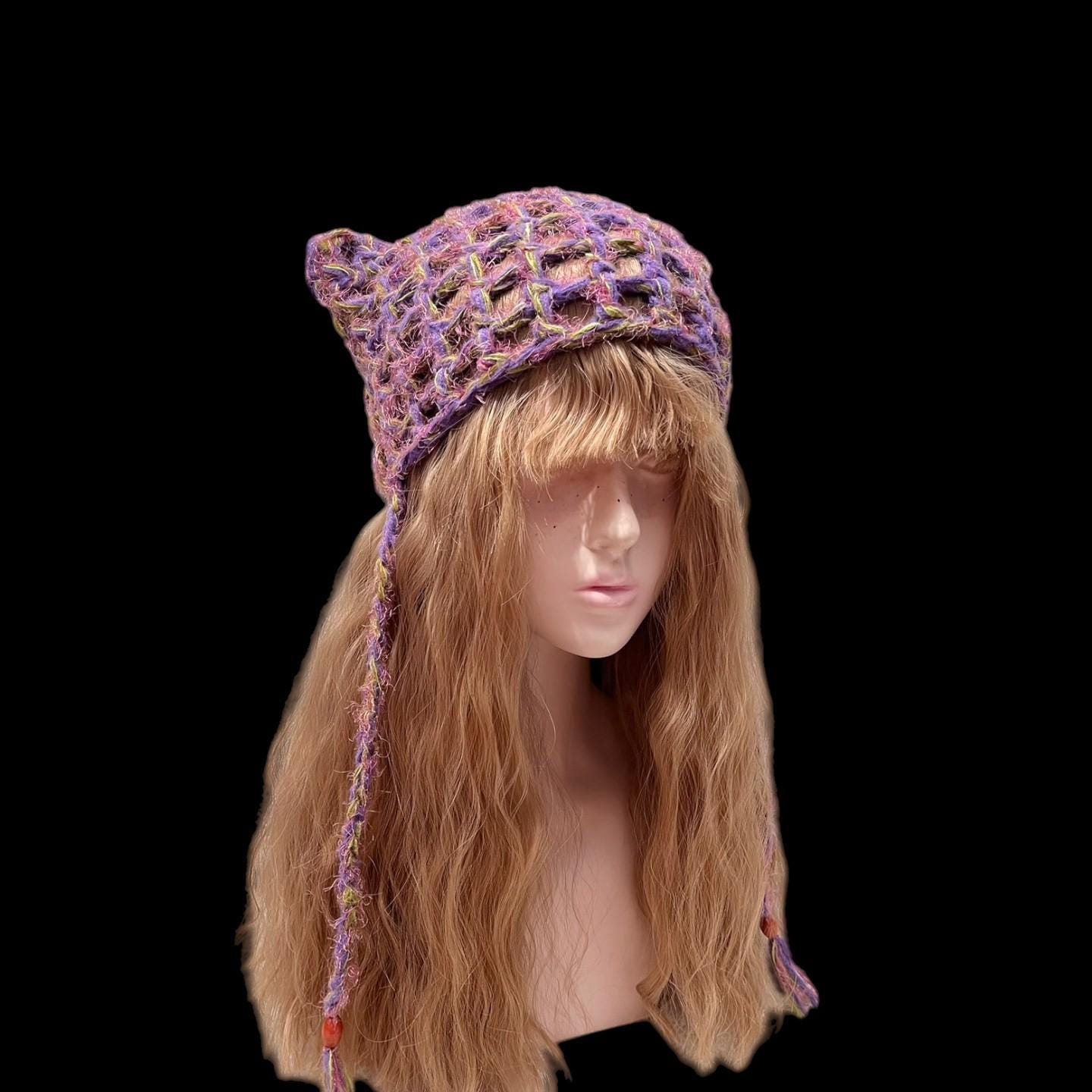 Cat Ear Beanie: Vintage Purple Grid Handmade Hat - Etsy