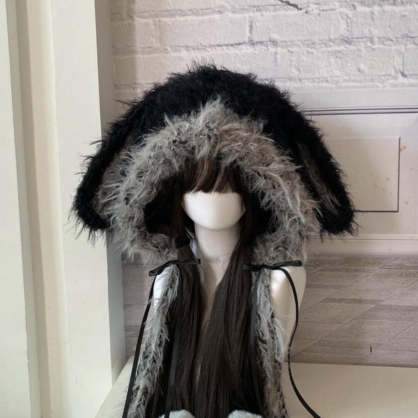 Cozy Floppy Bunny Hat - Handmade Black/Gray Plush, Adjustable & Warm