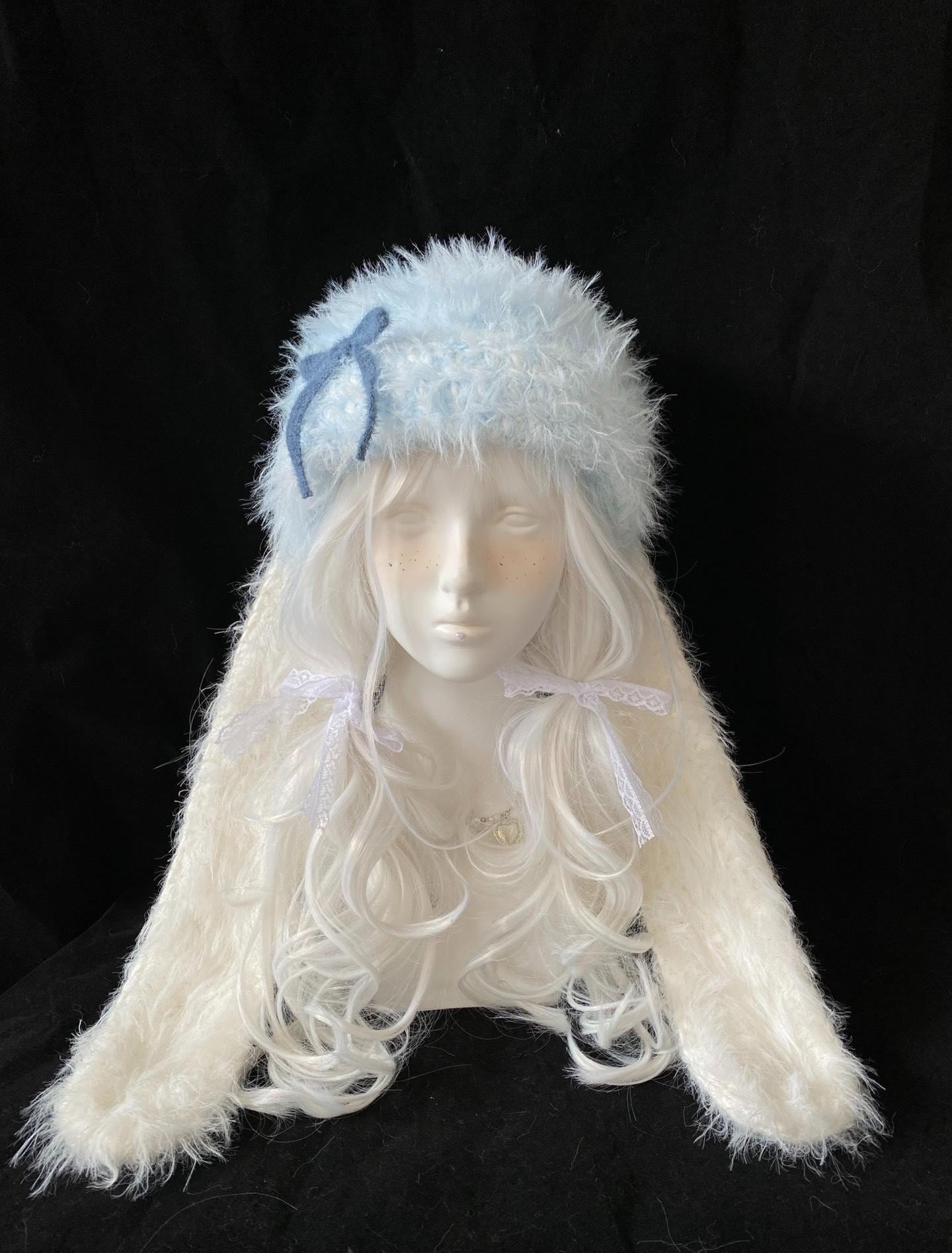 Women\'s Grey White Bunny Hat Knit Plush Long Ears Fluffy Cosplay Party Hat Handmade Creamy White Plush Bunny Hood - Etsy main image 3