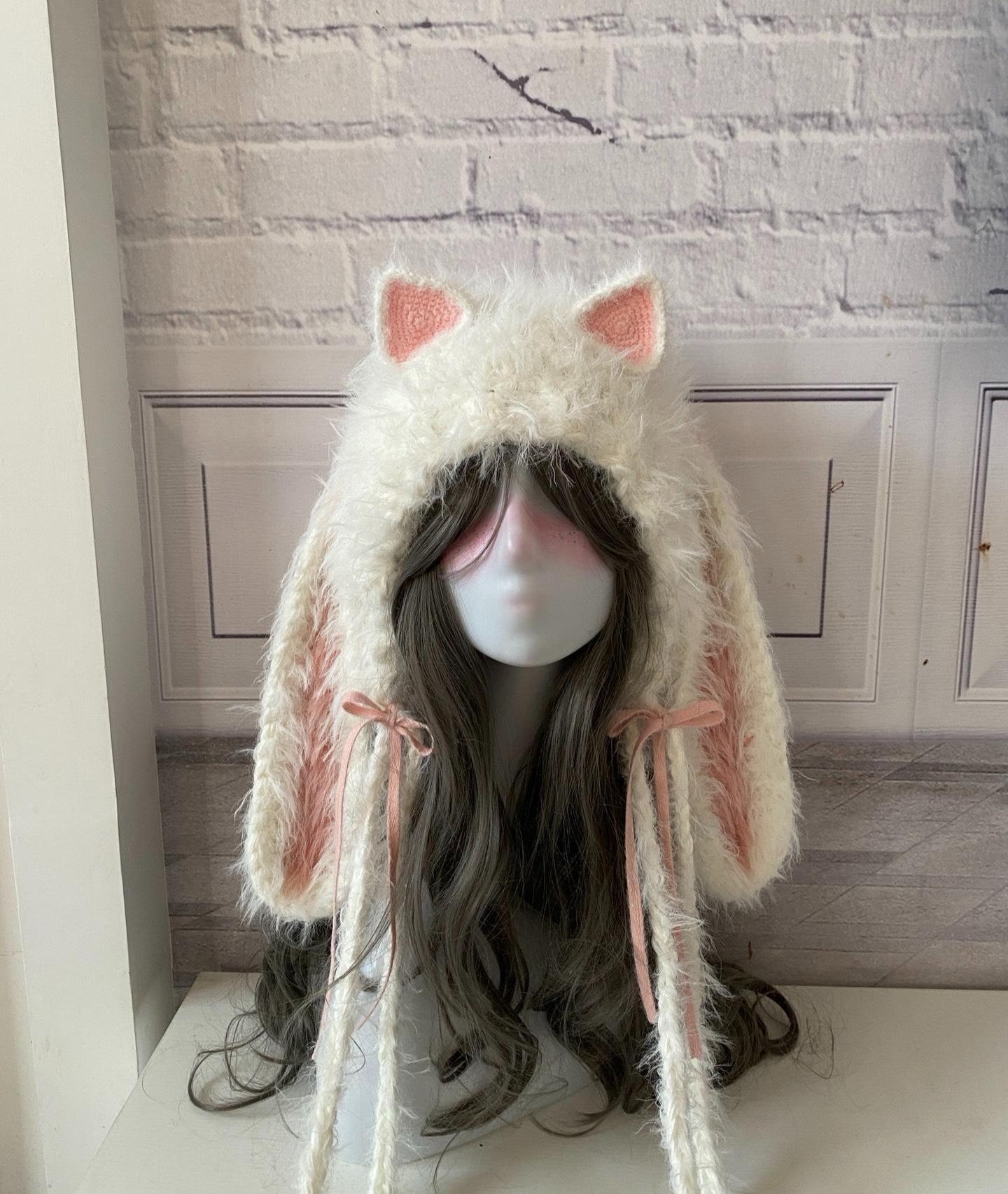 Cat & Rabbit Ear Plush Hood: Pink White Cosplay