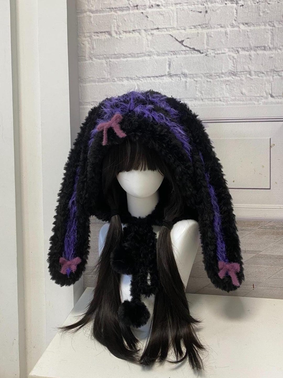 Handmade Plush Rabbit Hat - Black & Purple Long Ears With Bow - Etsy