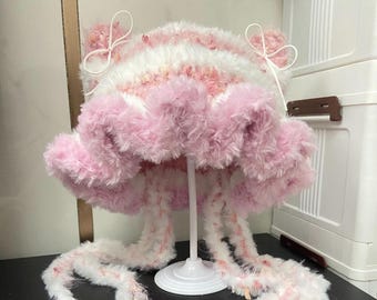 Handmade Cat Ear Jellyfish Hat - Winter Warm Gradient Pink Ombre Beanie