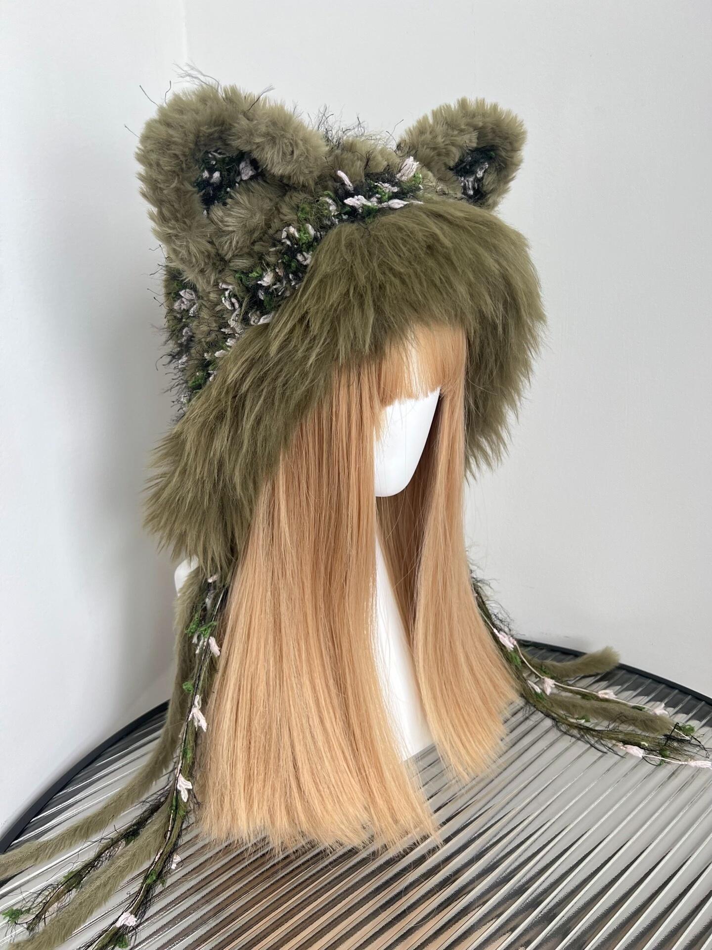 Moss Green Cat Ear Crochet Hood - Floral Handmade Beanie - Etsy
