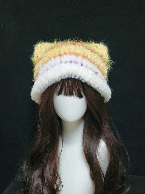 Cat Ear Handmade Crochet Hat - Yellow Gradient & White Yarn Texture