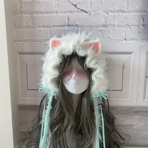 Fluffy Mint Cat Ear Headband, Handmade Furry Hood with Ribbons, Soft Pastel Lolita  Kawaii Cosplay Bonnet, Cute Winter Accessory for Girls