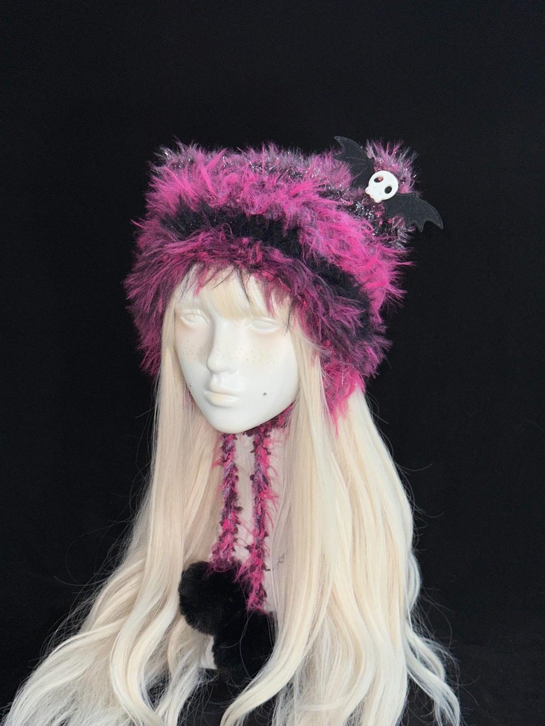 Gothic Punk Black Pink Cat Ear Hat W/ Skull & Wings | Handmade Y2K