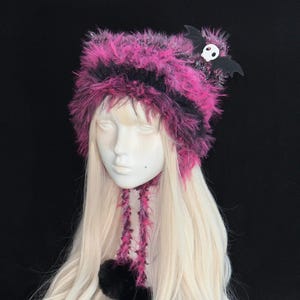 Gothic Punk Black Pink Cat Ear Hat W/ Skull & Wings  display picture 1