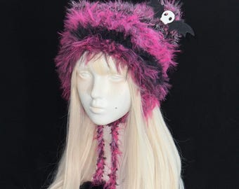 Gothic Punk Black Pink Cat Ear Hat W/ Skull & Wings | Handmade Y2K