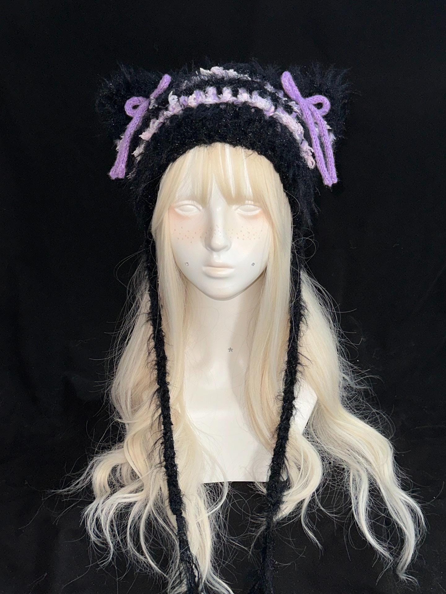 Y2K Black & Purple Cat Ear Beanie With Bows - Etsy