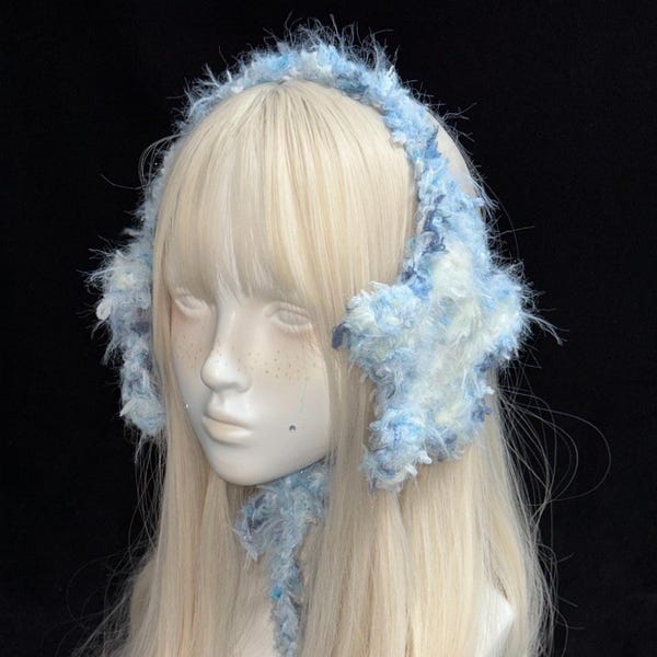ボヘミアンスターイヤーマフ、パステルブルークロシェイヤーウォーマー